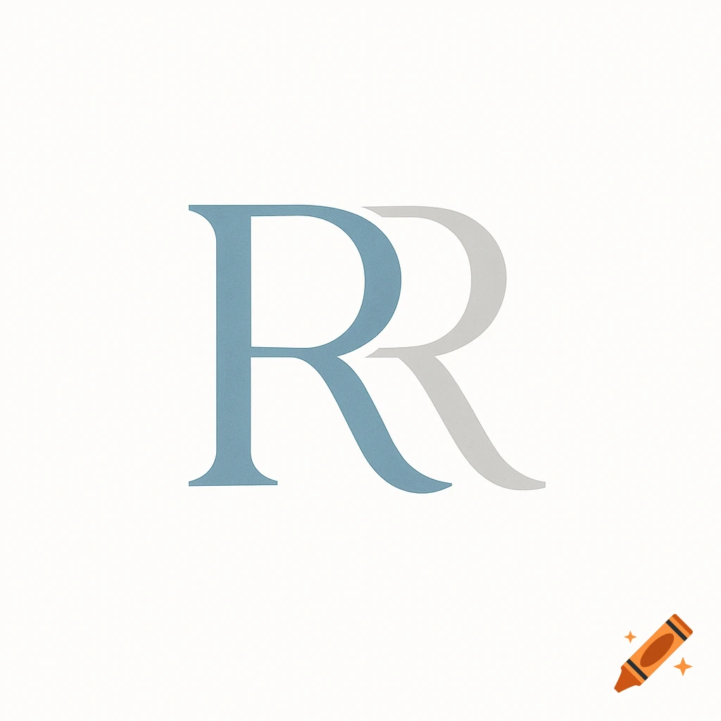 A minimalist logo featuring two overlapping 'R' letters, one in a muted blue and the other in a light gray, on a white background.
