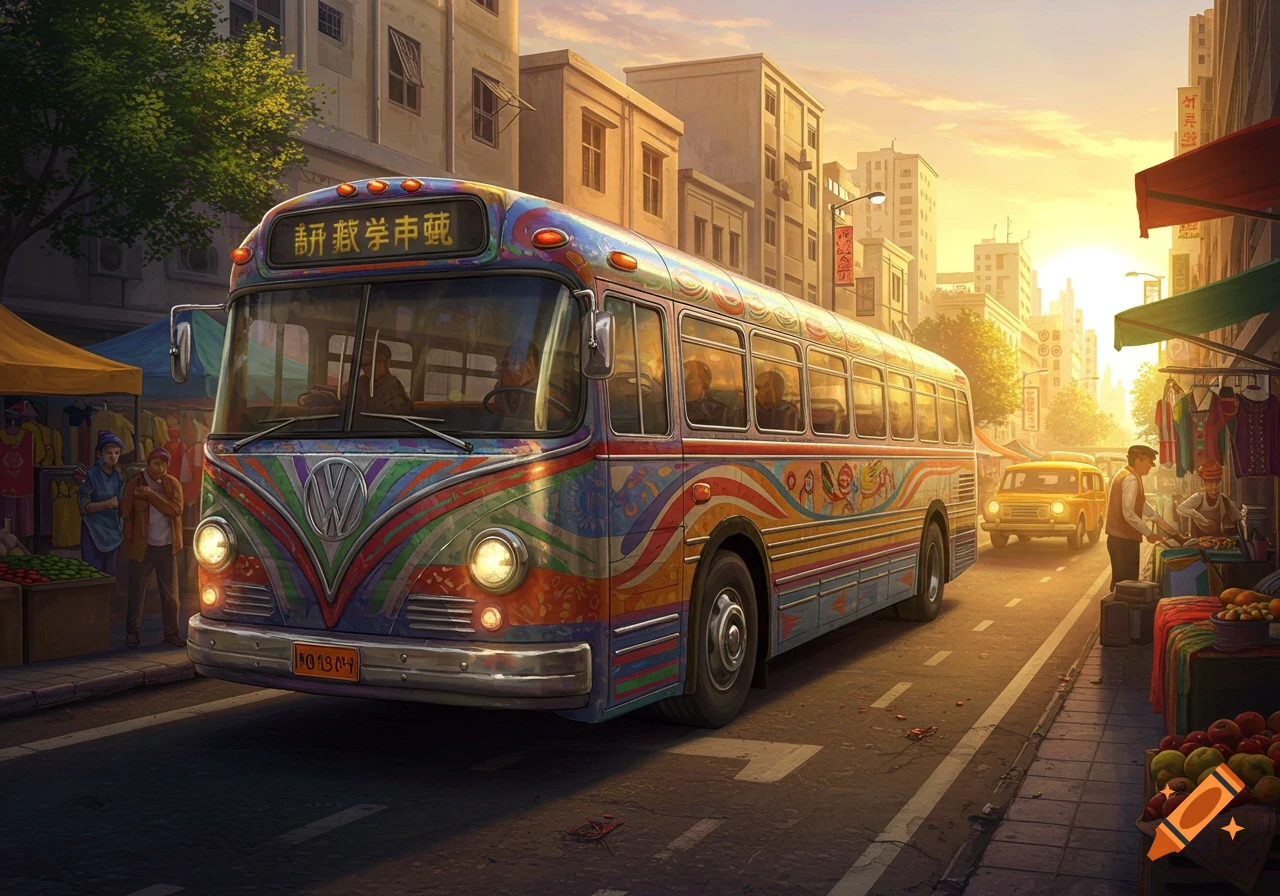 A vibrant, colorful bus with an intricate design drives down a bustling street market at sunset, with buildings and vendors lining the road.