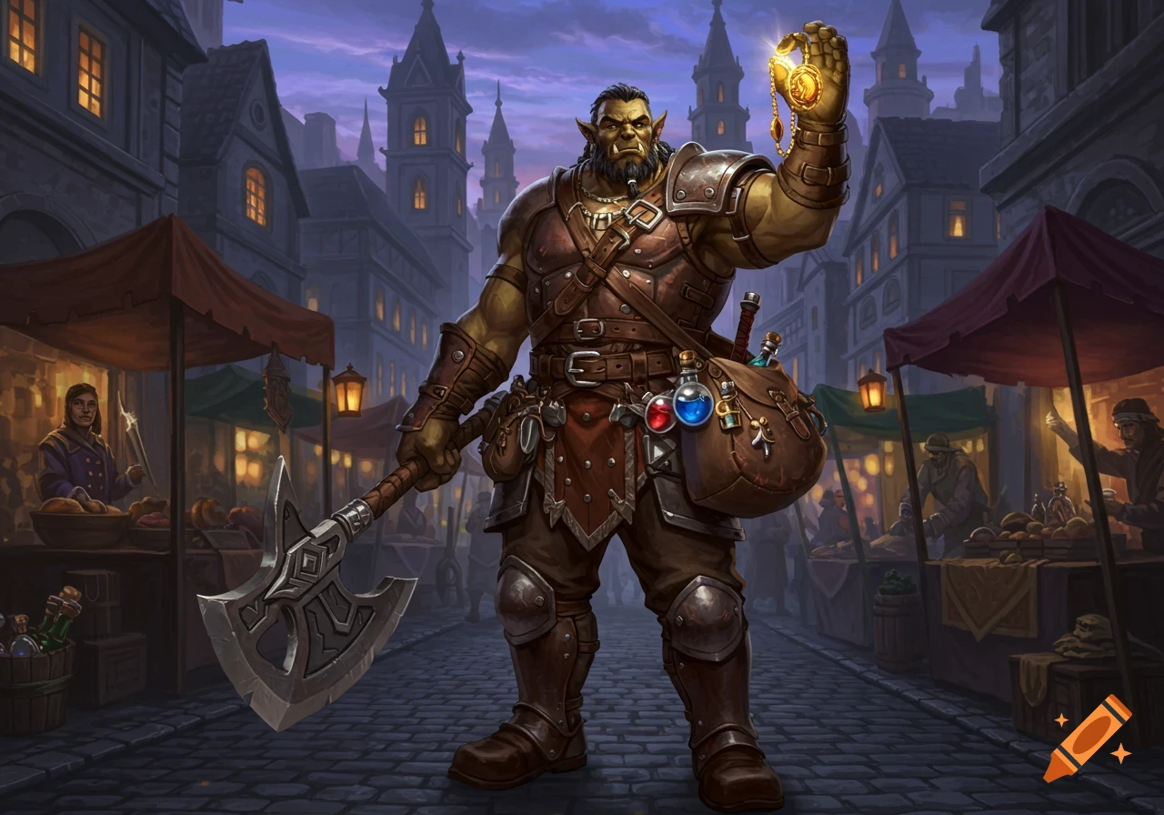 A male half-orc adventurer holding an axe and a golden amulet in a busy fantasy market at dusk, digital painting.
