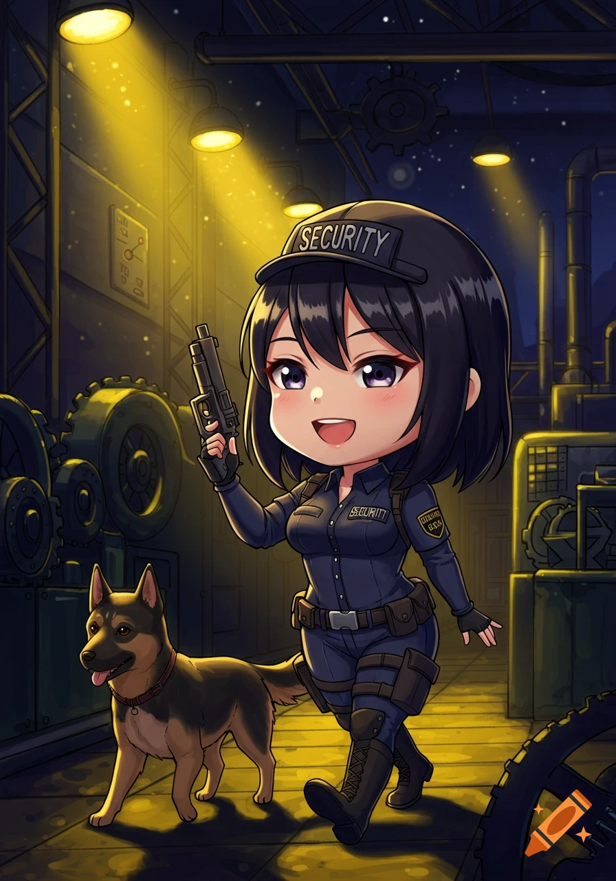 A chibi anime security guard with a gun, smiling, stands with a German Shepherd dog in a dimly lit factory.
