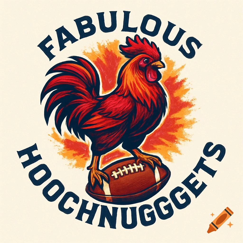 Stylized red and orange rooster standing on a brown football, with 'Fabulous Hoochnuggets' text arcing around it.