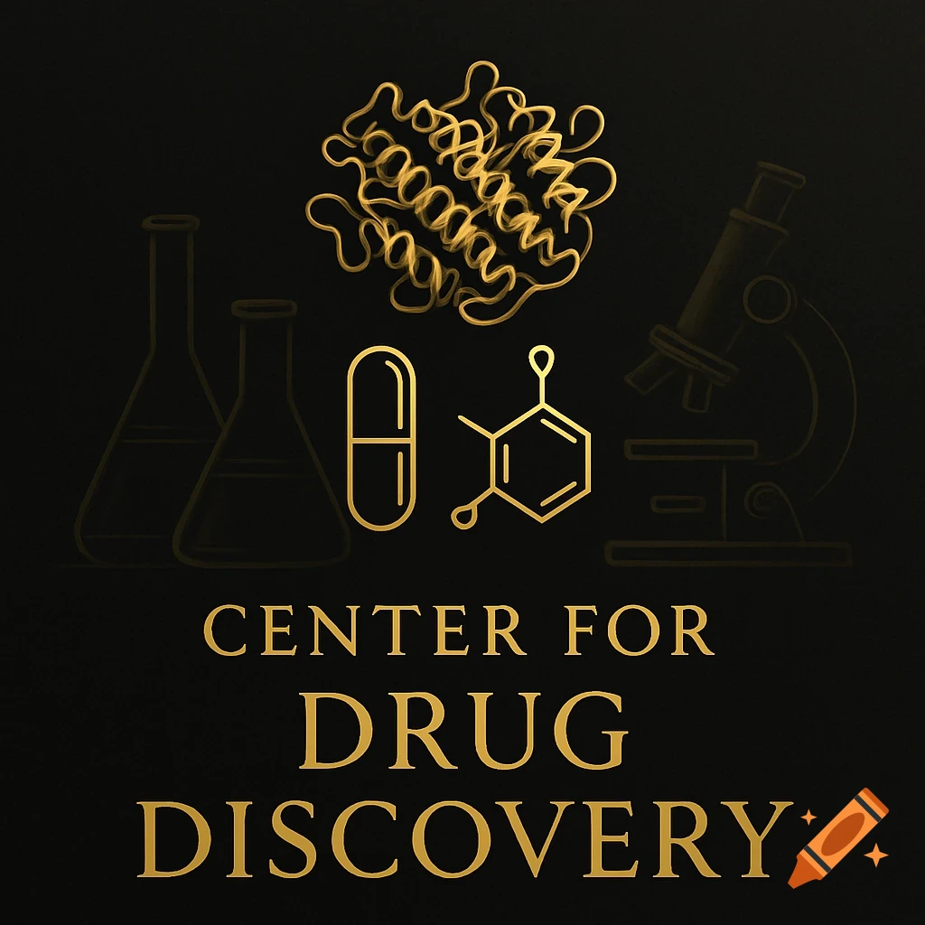 Gold and black logo for 'Center for Drug Discovery' with scientific illustrations including a protein, capsule, chemical structure, lab beakers, and a microscope.