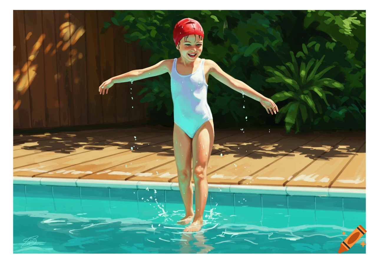 An illustration of a smiling girl in a white swimsuit and red swim cap standing in a swimming pool, splashing water.