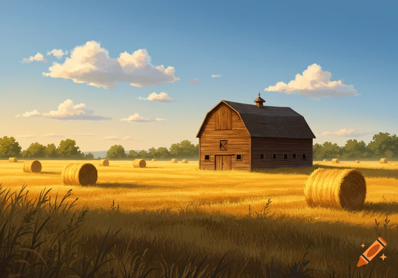 An illustration of a rustic wooden barn standing in a golden hayfield with round hay bales under a blue sky with fluffy clouds.