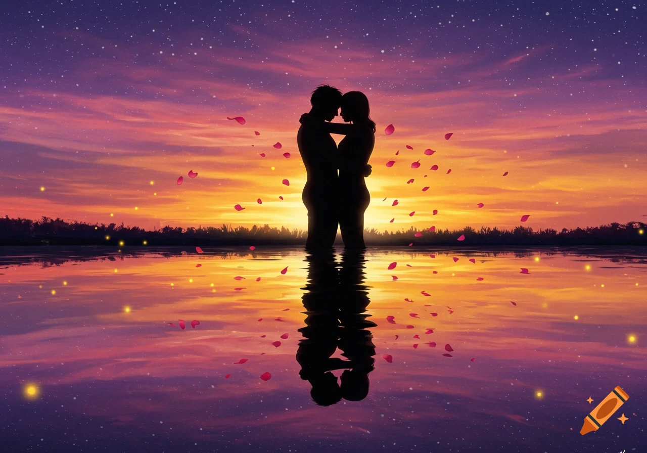 Stylized illustration of a silhouetted couple embracing in water at sunset, with a starry sky, reflections, and floating rose petals.