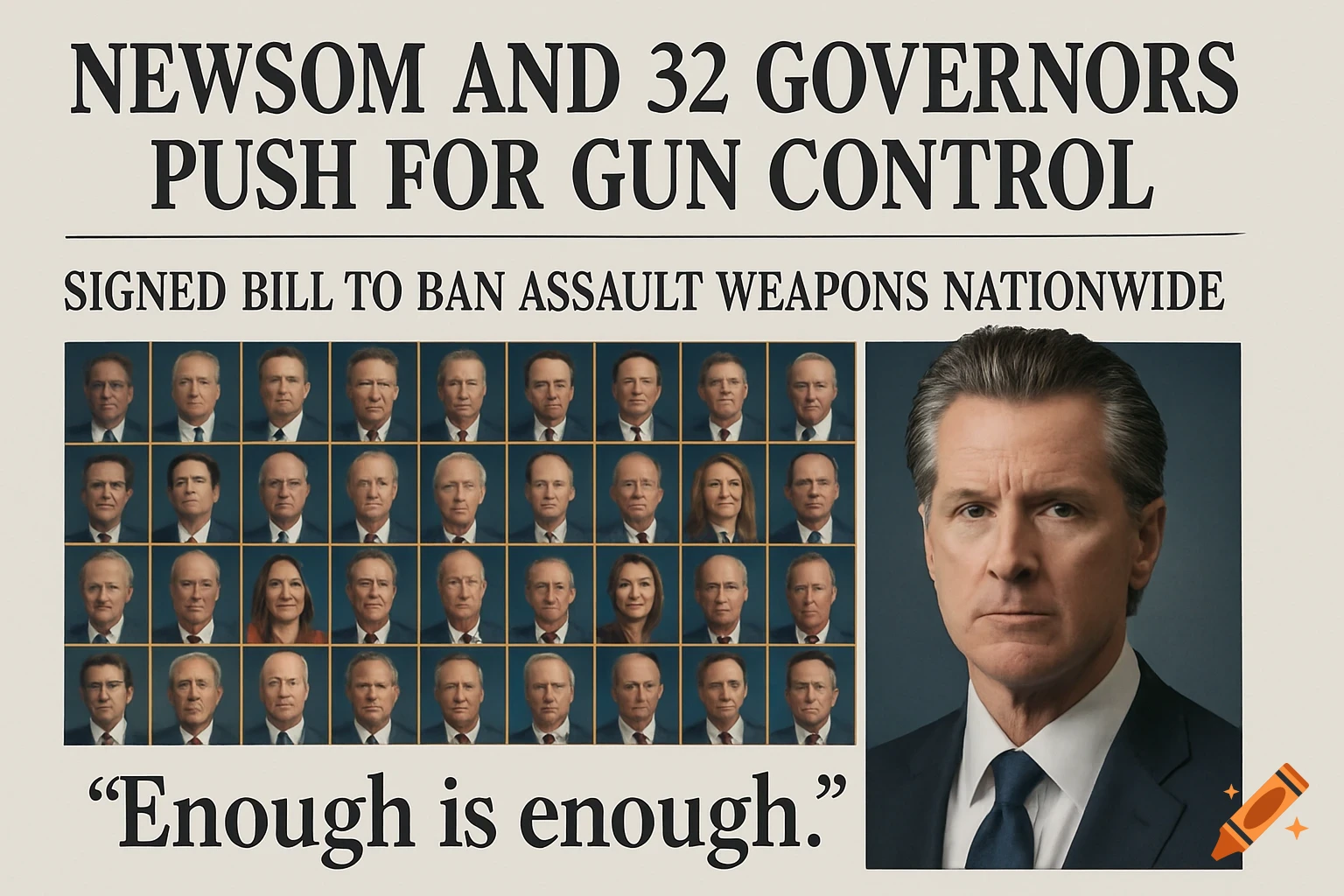 A news article image featuring Governor Gavin Newsom and a grid of 32 other governors, with headlines about gun control.
