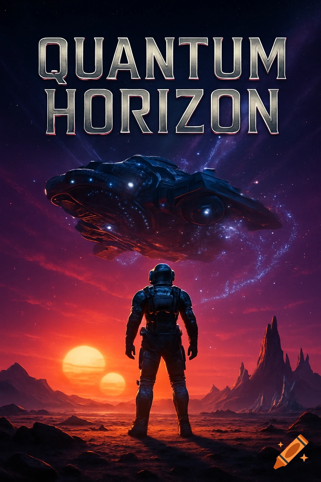 Sci-fi poster: astronaut on alien planet watches spaceship under a red-orange sky, with 'QUANTUM HORIZON' title.