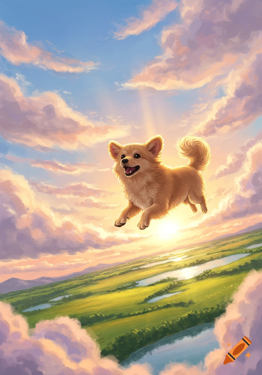 A fluffy tan dog floats happily in a bright, cloudy sky with sun rays, above a green landscape with rivers. Dreamy illustration.