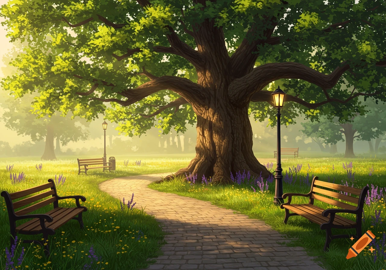 A picturesque digital painting of a park with a large oak tree, a winding brick path, wooden benches, and purple flowers under a sunny sky.