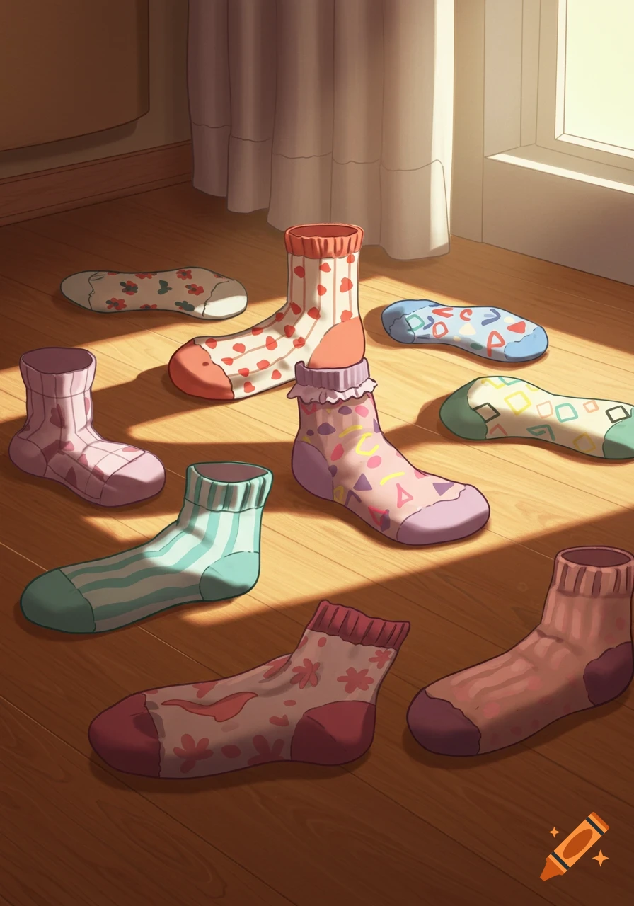 A collection of colorful, patterned, mismatched socks scattered on a wooden floor, with sunlight casting shadows. Illustration.