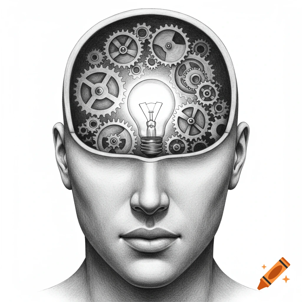Black and white pencil drawing of a human head with mechanical gears and a lightbulb inside.