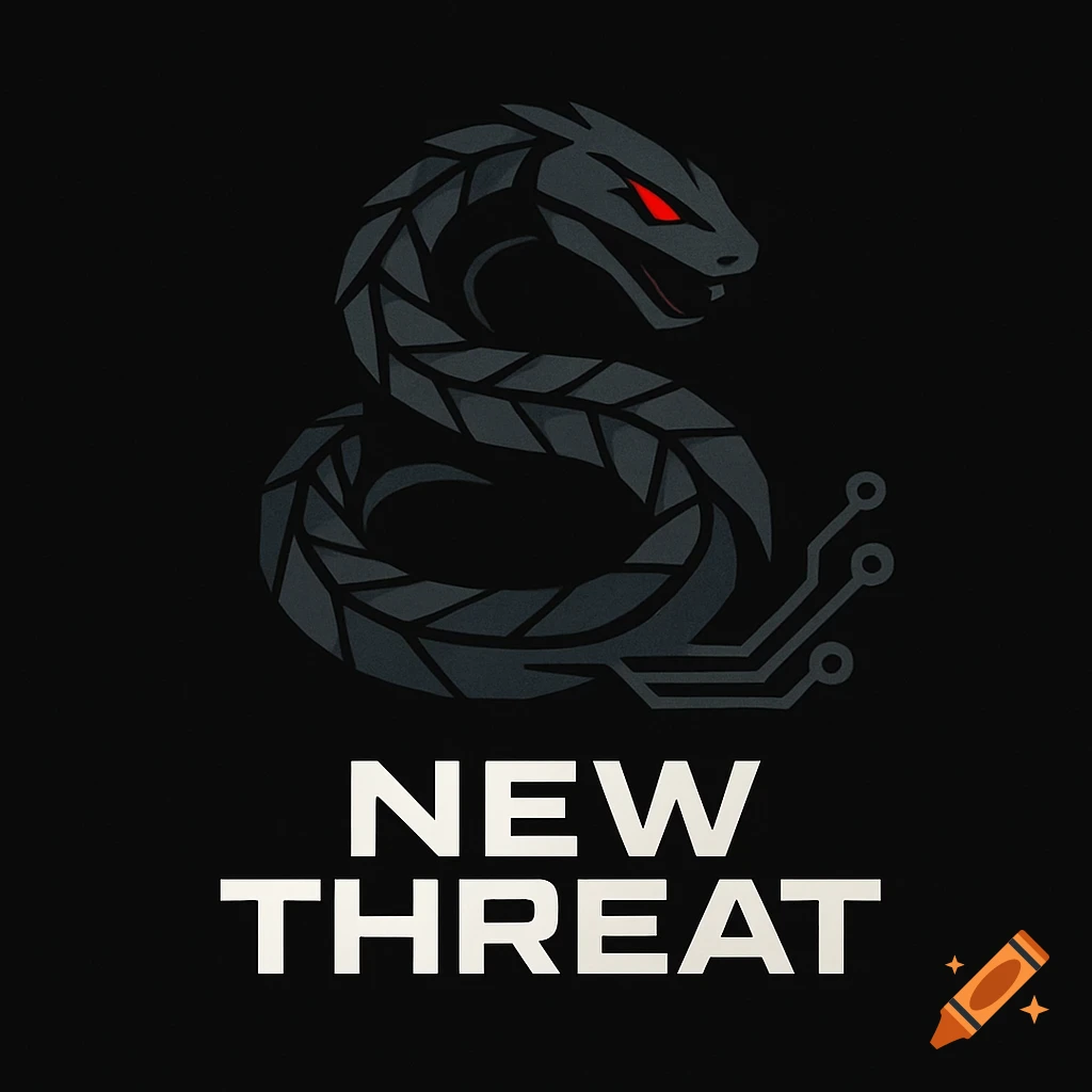 A stylized dark grey snake logo with glowing red eyes, coiled in an 'S' shape, with circuit board elements on its tail. Below it, the white text "NEW THREAT" is displayed on a black background.
