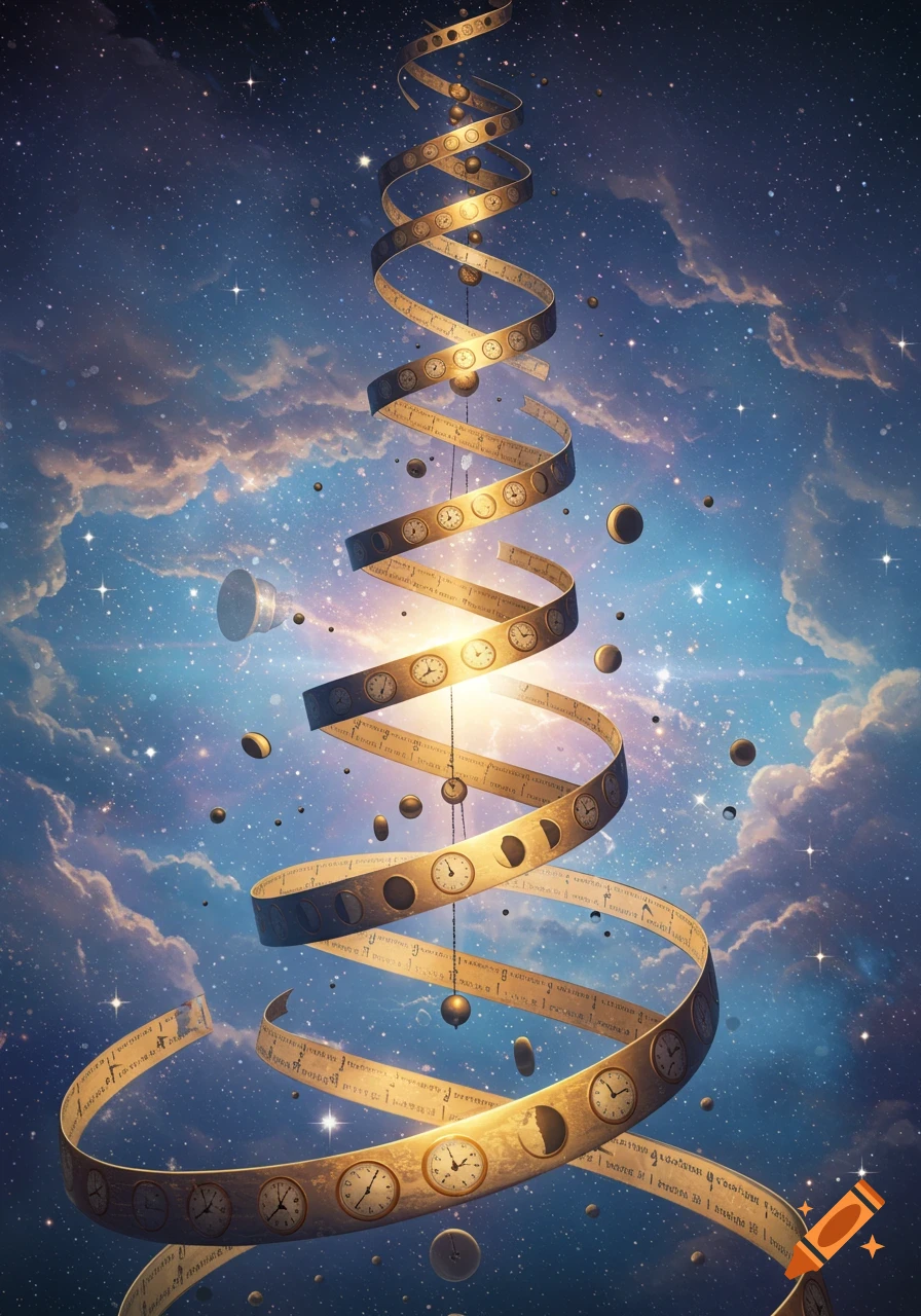 A golden spiral, adorned with small clocks and markings, ascends through a starlit sky filled with clouds and floating orbs, evoking time and space.