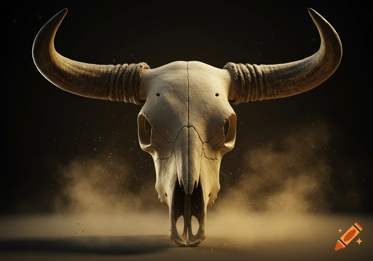 Detailed 3D model of a bull skull with prominent horns, illuminated against a dark, dusty background.