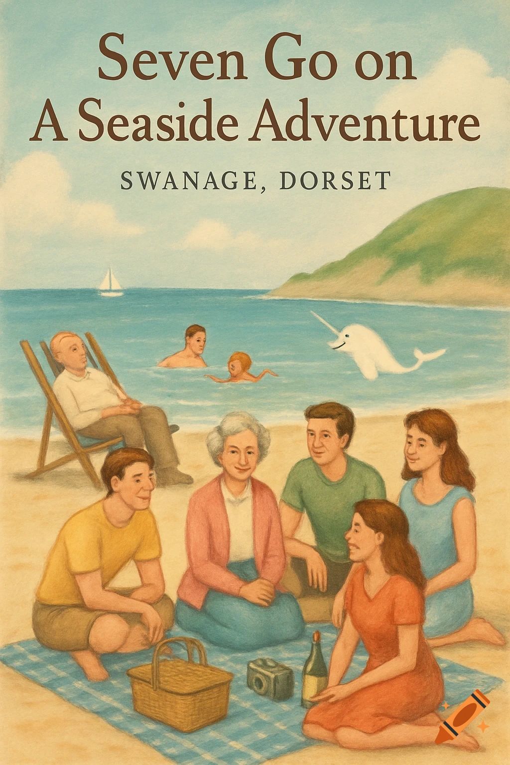 A whimsical, pastel-toned illustration of a family on a beach with a narwhal, acting as a book cover titled "Seven Go on A Seaside Adventure."