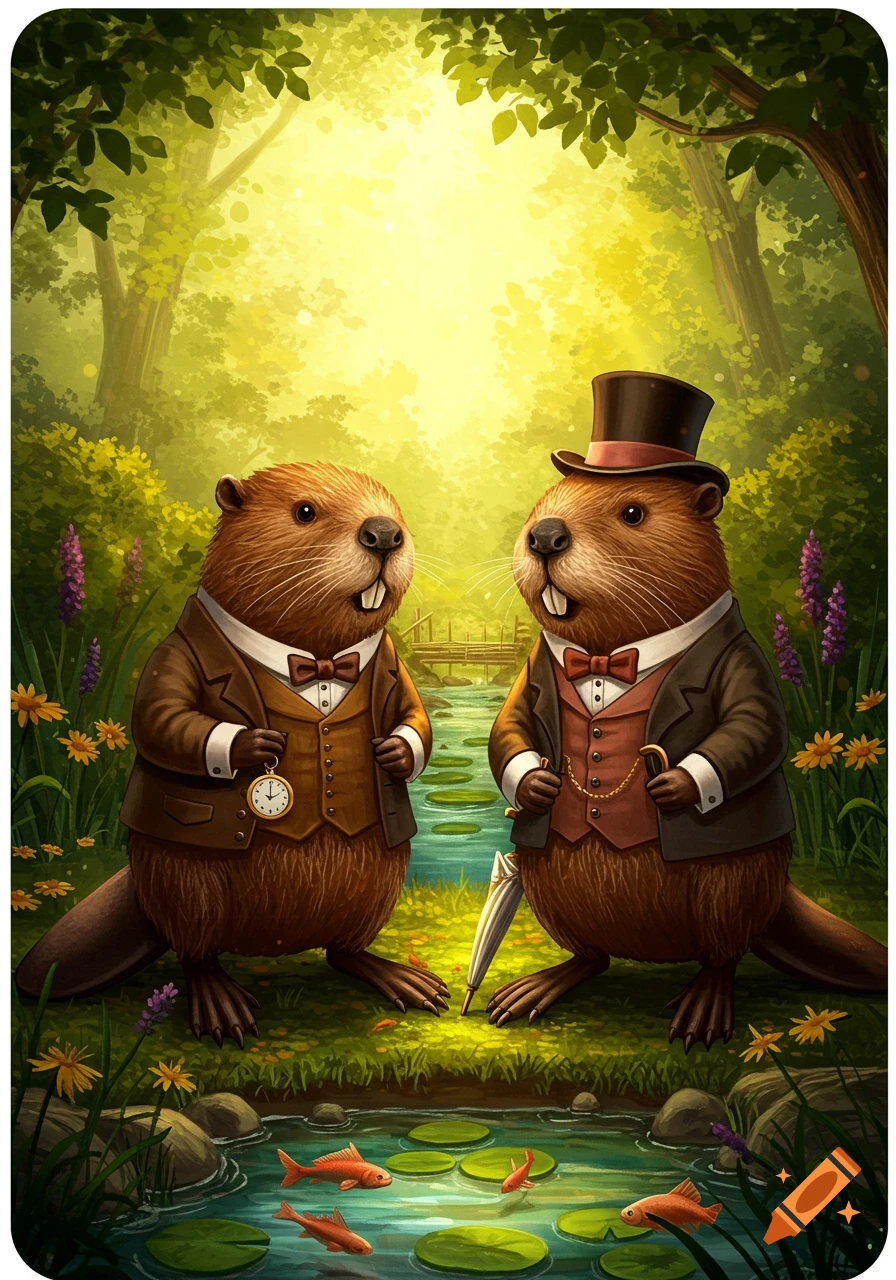 Two anthropomorphic beavers in suits, one with a pocket watch and the other with an umbrella, stand by a pond in a lush, whimsical forest.