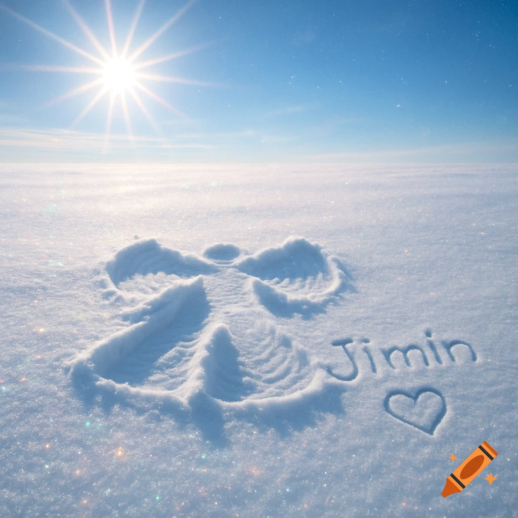 A snow angel and the name 'Jimin' with a heart written in a glistening snowy field under a bright sun.