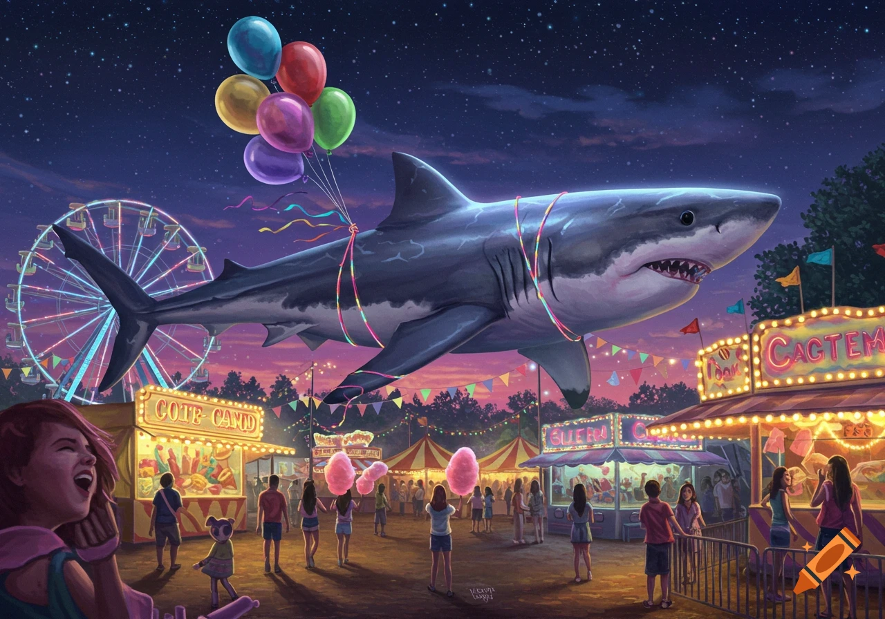 A giant great white shark with colorful balloons floats over a vibrant fun fair at twilight, featuring carnival rides and people.