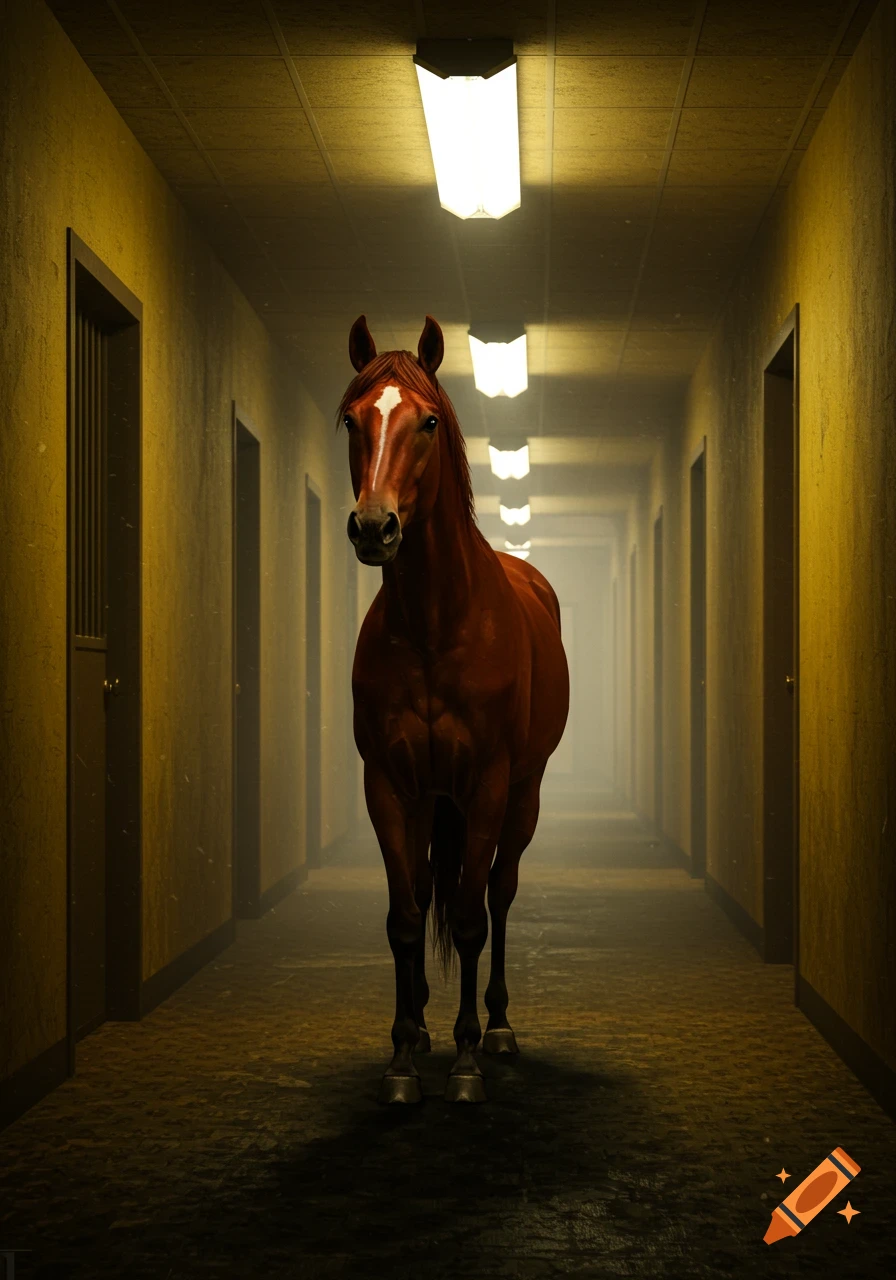 A brown horse stands in a long, dimly lit, eerie hallway with fluorescent lights and closed doors.