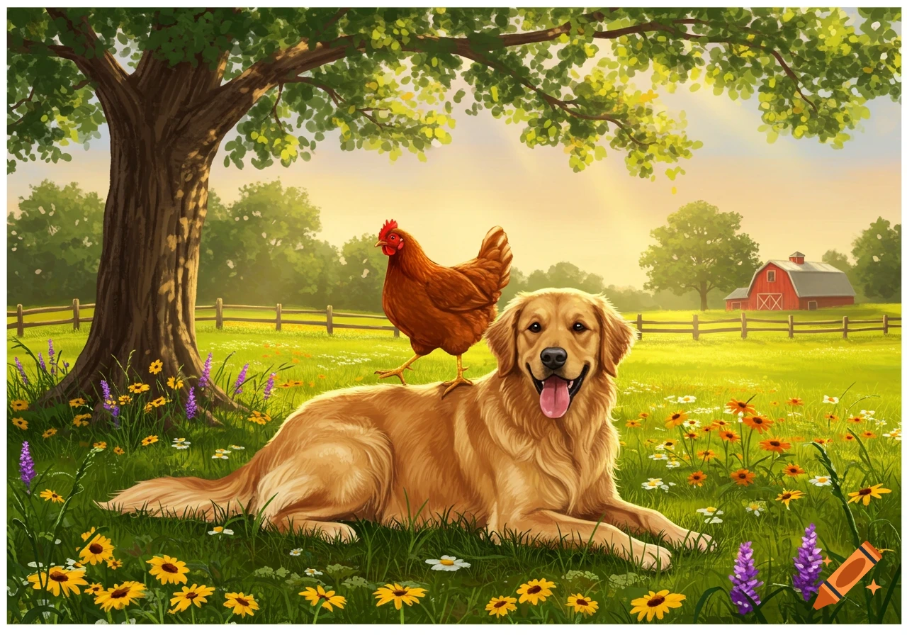 A happy golden retriever lies in a sunny meadow with a brown chicken standing on its back, surrounded by wildflowers, a tree, and a red barn in the background. Illustrated style.