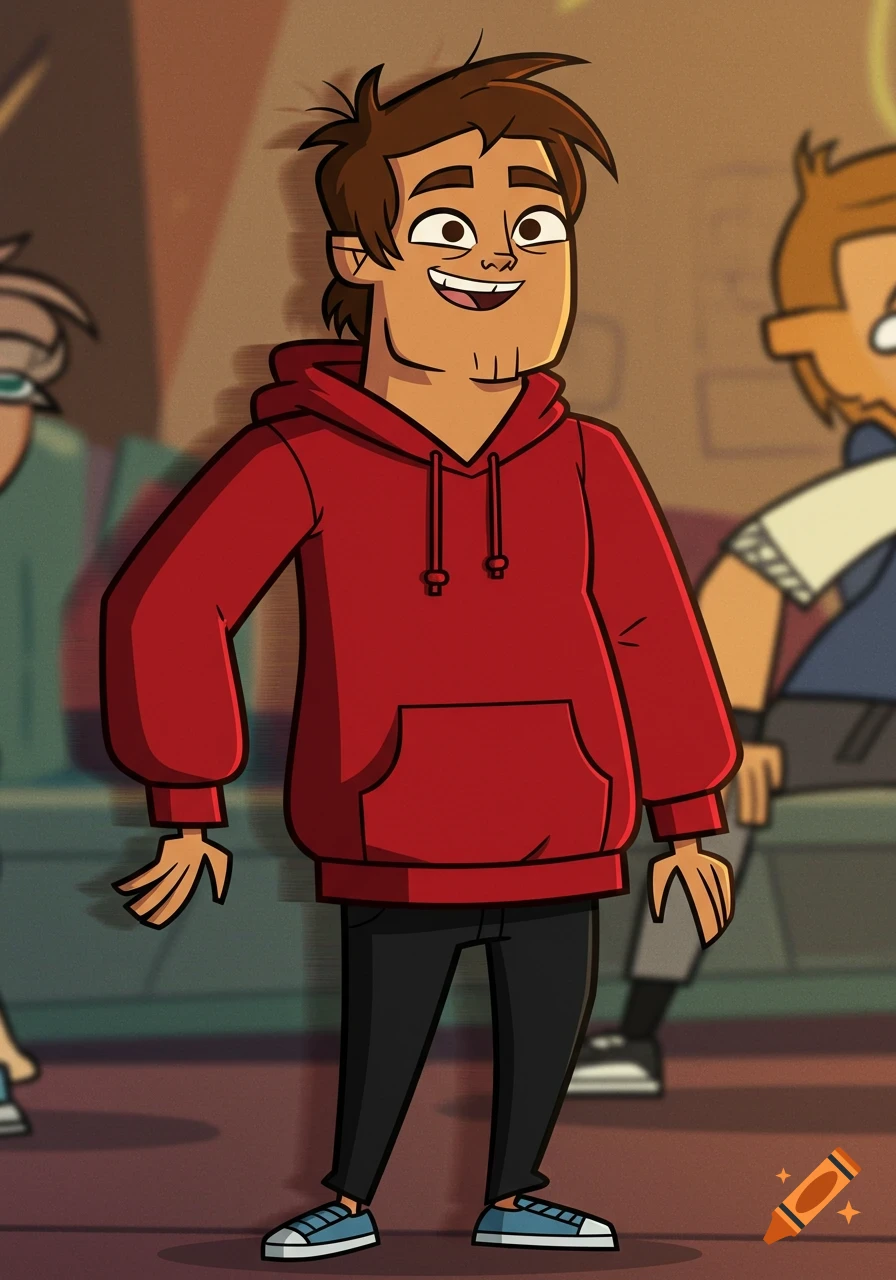 A smiling cartoon male character with messy brown hair, tan skin, red hoodie, black pants, and blue shoes, in the Total Drama style.