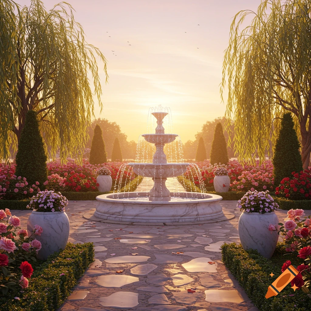 A picturesque garden with a large tiered marble fountain at sunset, surrounded by lush rose bushes and weeping willow trees.