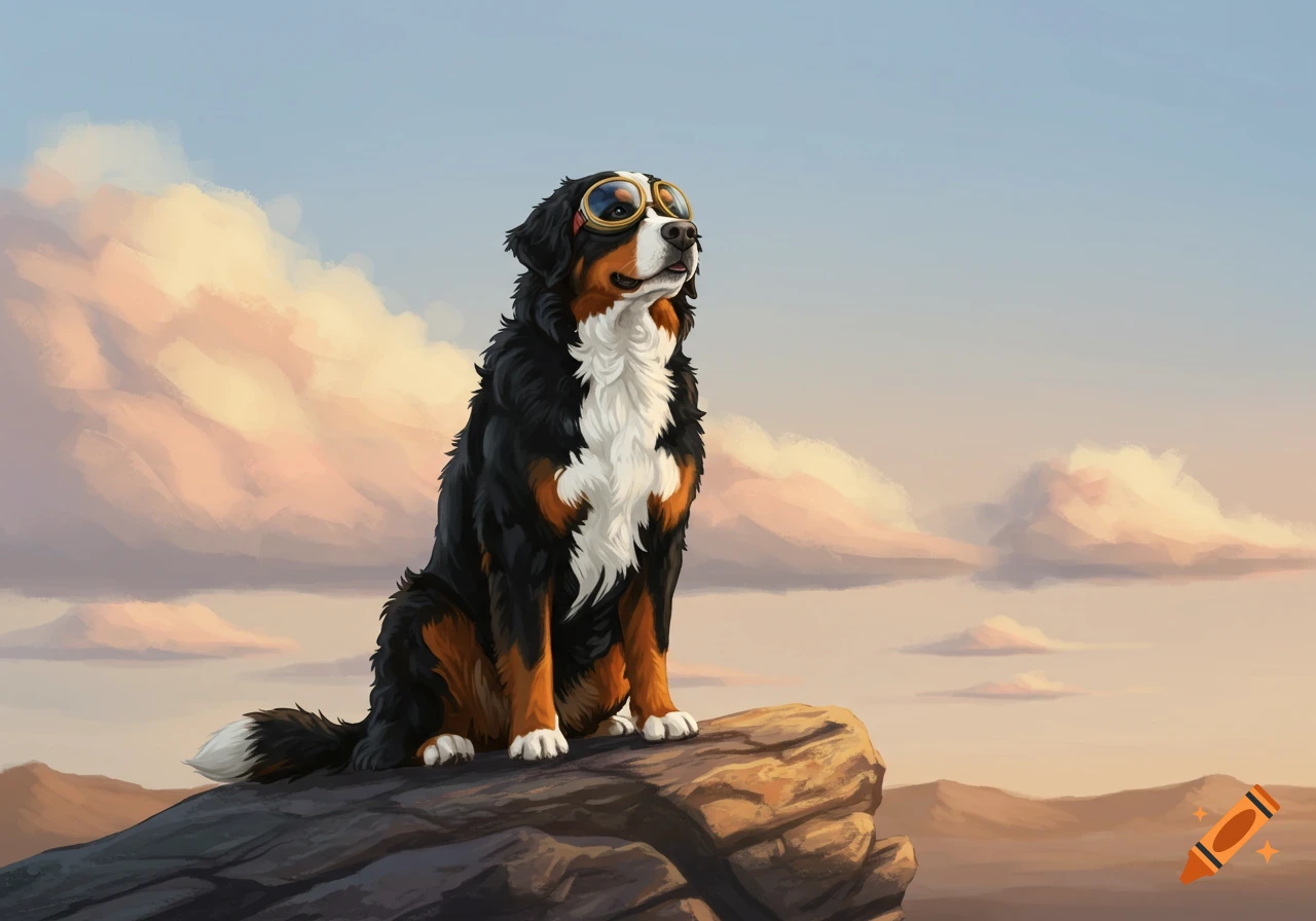 An illustrative Bernese Mountain Dog wearing pilot goggles sits on a rocky cliff, looking out over a cloudy sky and distant mountains at sunset.