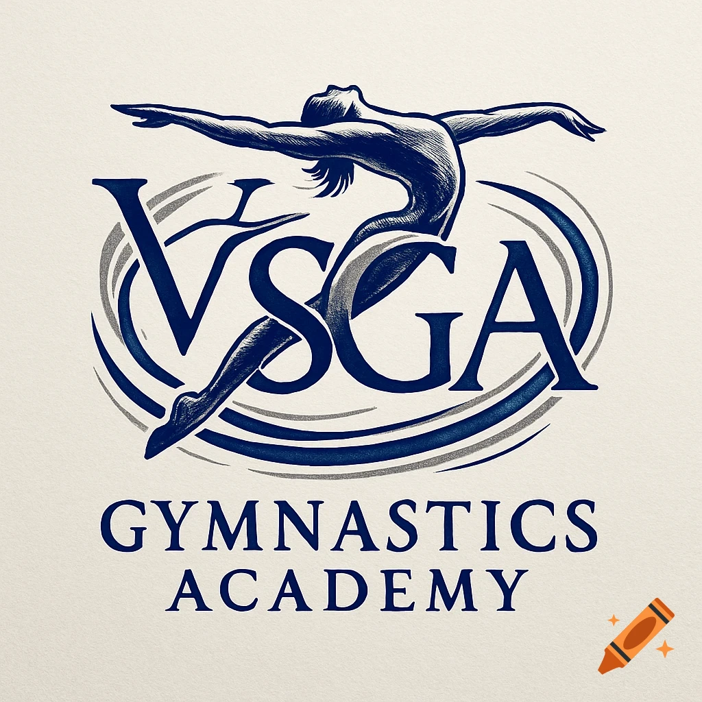 A blue and gray logo for VSGA Gymnastics Academy, featuring a stylized gymnast leaping over the letters 'VSGA', with 'GYMNASTICS ACADEMY' below.
