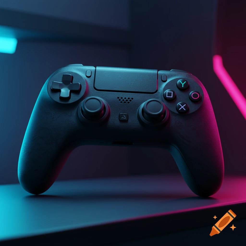 A sleek black video game controller sits on a dark surface, illuminated by neon pink and blue lights.