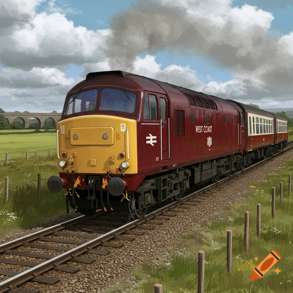 A detailed illustration of a maroon and yellow British Rail Class 47 diesel locomotive pulling carriages through a green rural landscape with a stone viaduct.