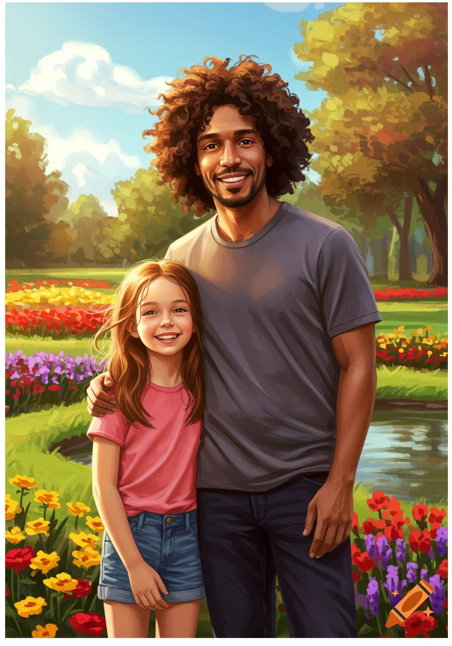 A smiling father and daughter embracing in a vibrant, flowery park, depicted in an illustration style.