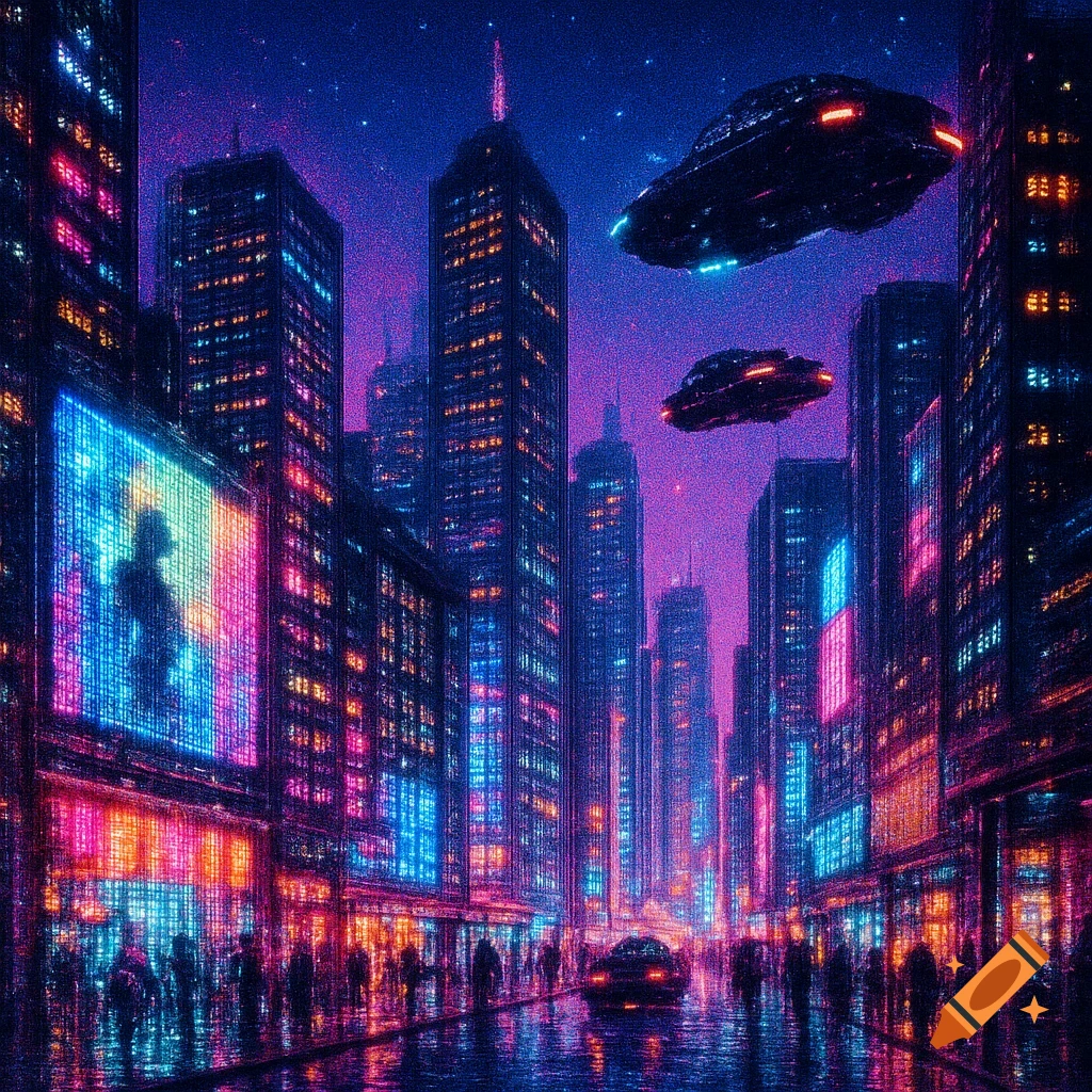 A vibrant cyberpunk city at night with neon-lit skyscrapers, bustling streets, and flying vehicles under a starry purple sky.