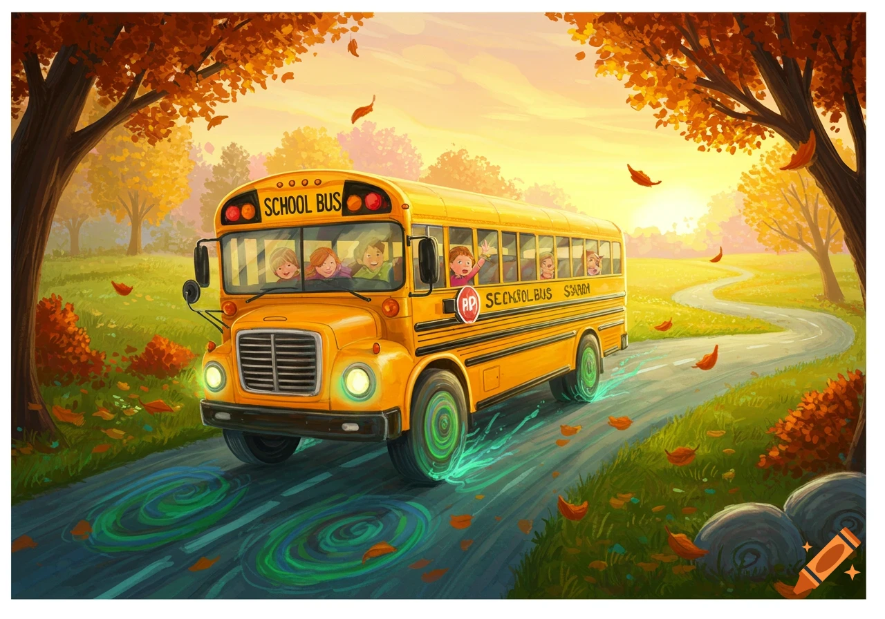 A yellow school bus with children drives on a winding road through a vibrant autumn forest at sunset, in an illustrative style.