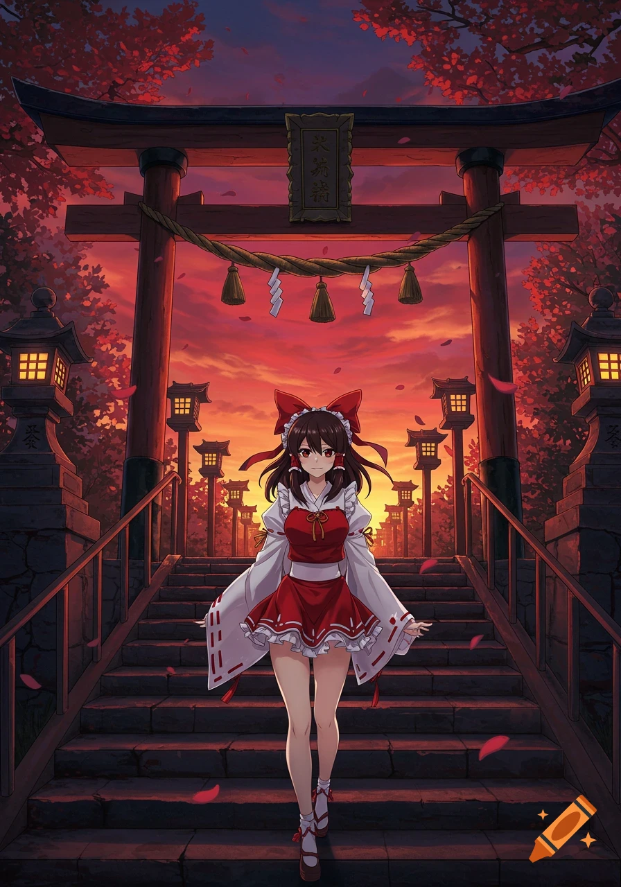 Anime miko Reimu Hakurei walks down stone steps under a torii gate at sunset, surrounded by red trees and lanterns.