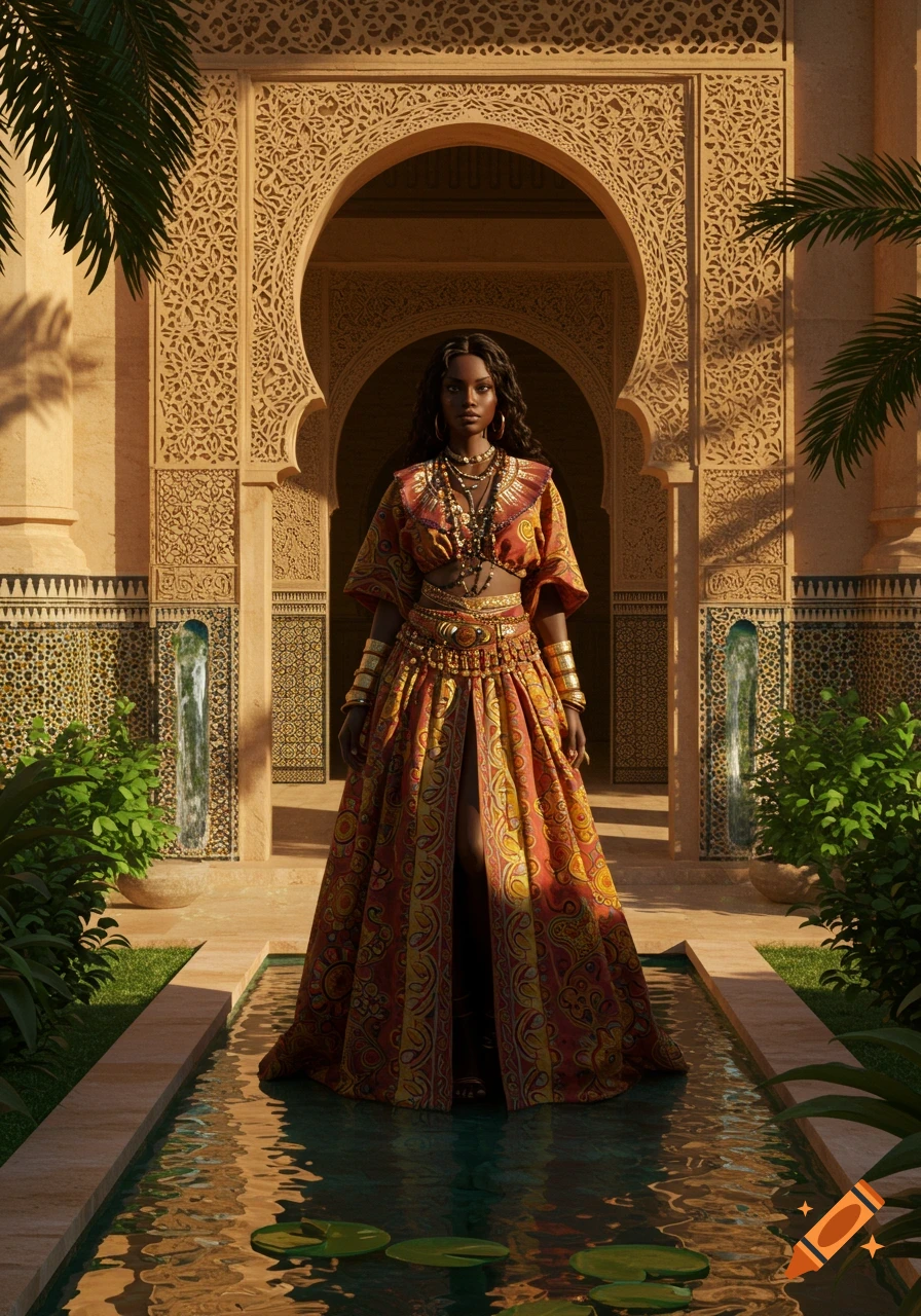 Photorealistic portrait of a Black woman in ornate, colorful attire standing in a courtyard with intricate Moorish architecture and a water canal.