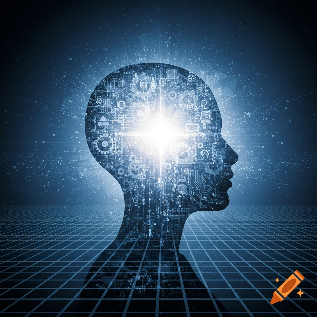 Conceptual image of a human head silhouette filled with glowing circuits on a grid background, symbolizing AI or critical thought.