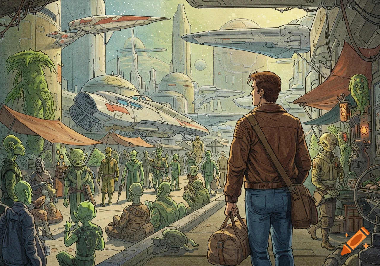 Illustrated man in a brown jacket at a bustling alien starport, with spaceships flying overhead and diverse aliens in a marketplace.