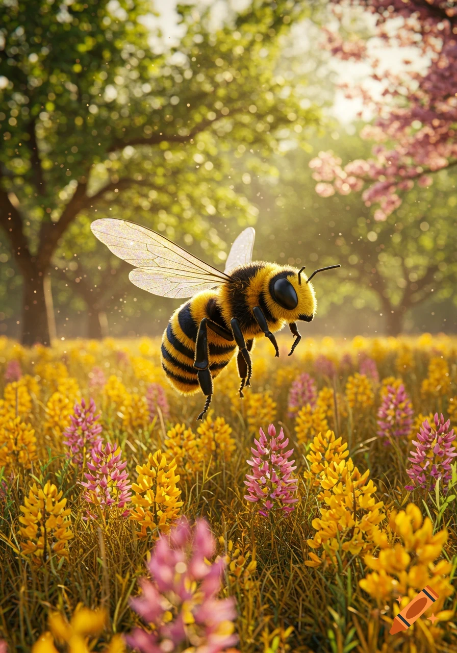 A realistic 3D rendered honeybee flying over a vibrant field of yellow and pink wildflowers under a sunny, bokeh-filled sky.