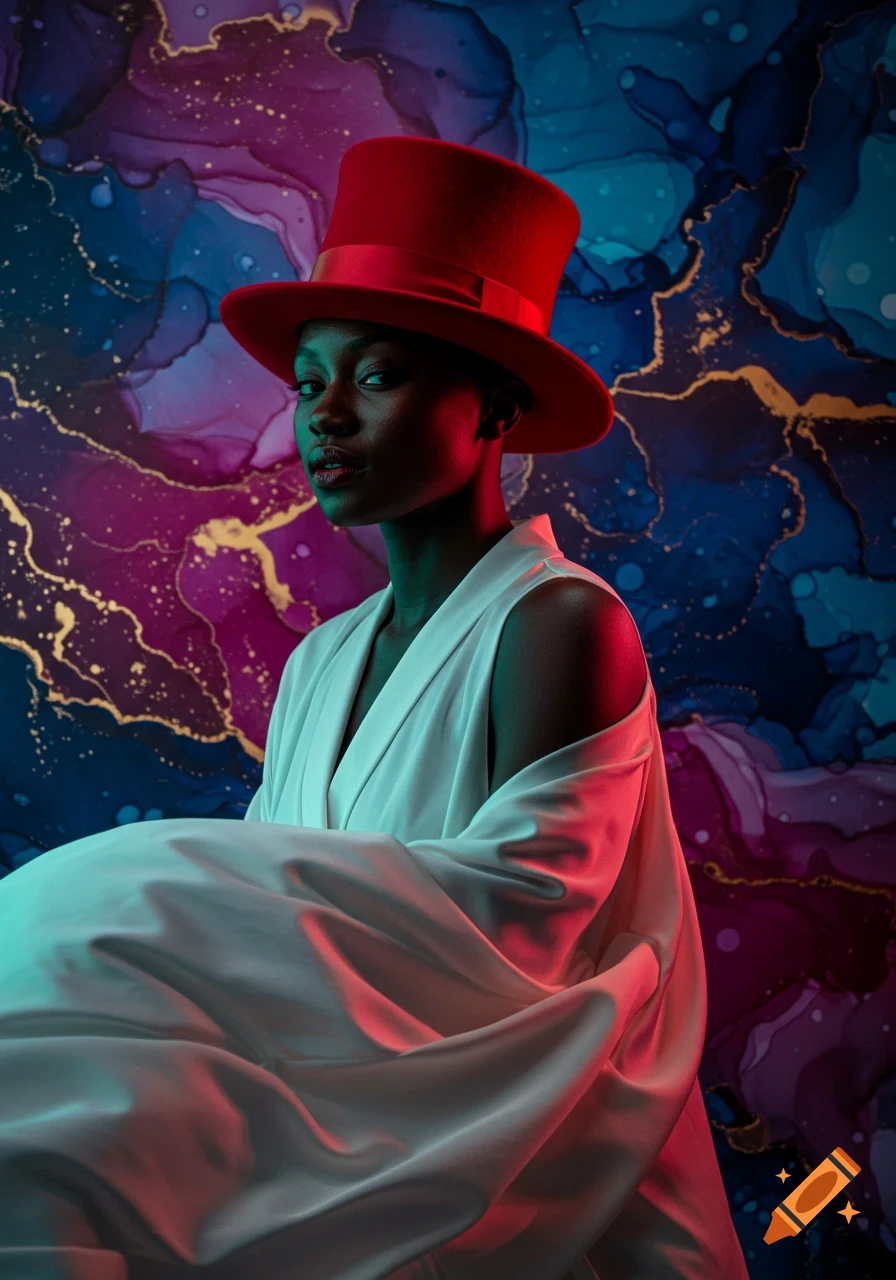 Photorealistic portrait of a Black woman in a red top hat and flowing white dress, against a vibrant abstract background.