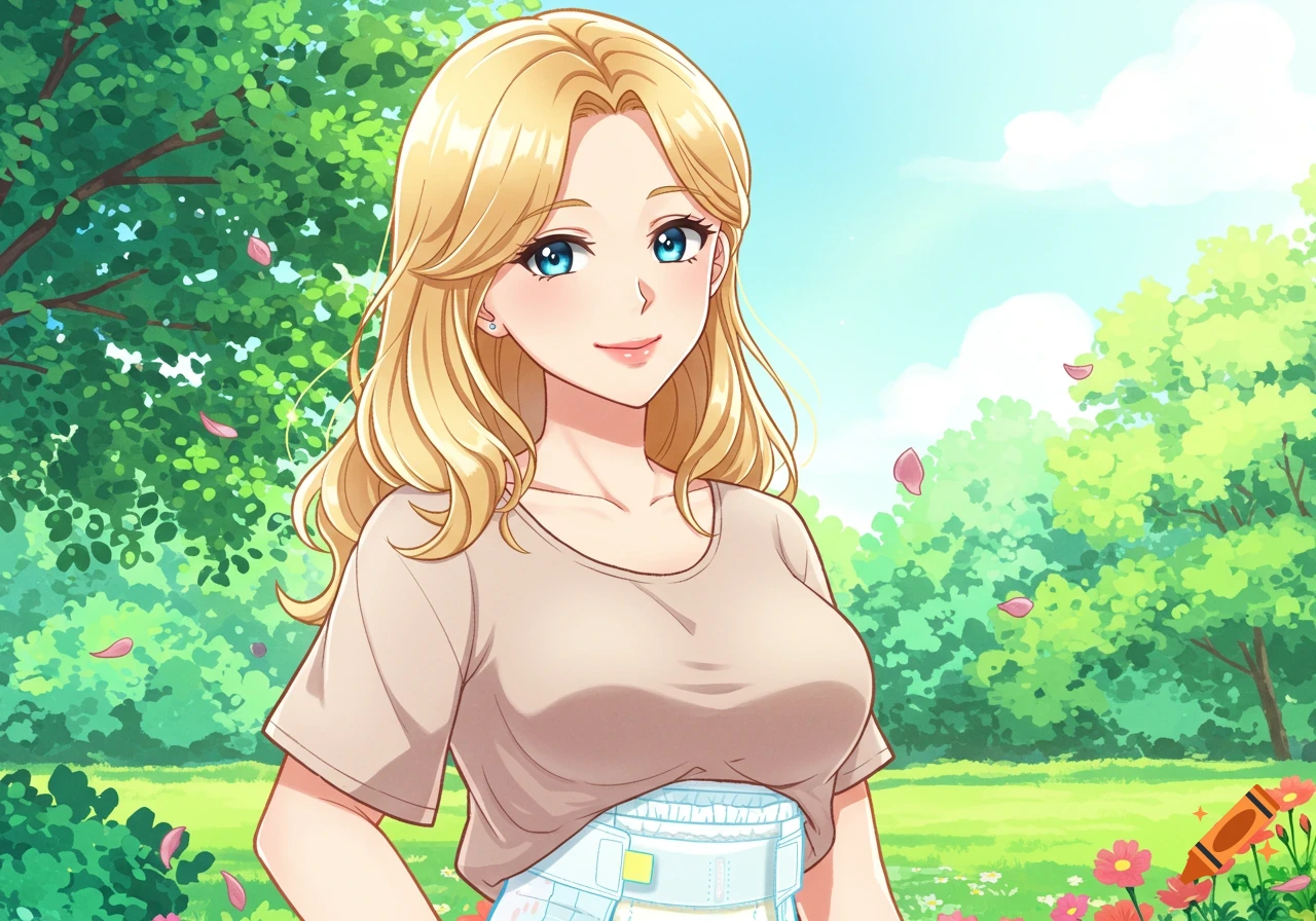 Anime-style blonde woman smiling proudly, wearing a casual top and adult diaper in a sunny park.