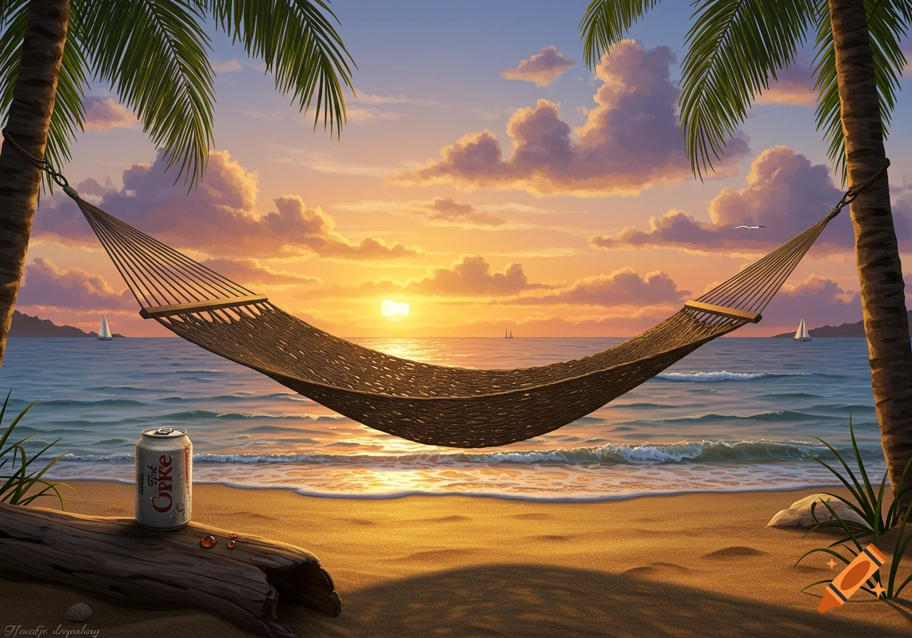 Vibrant illustration of a tropical beach at sunset, with a hammock between palm trees, a soda can on a log, and sailboats on the ocean.