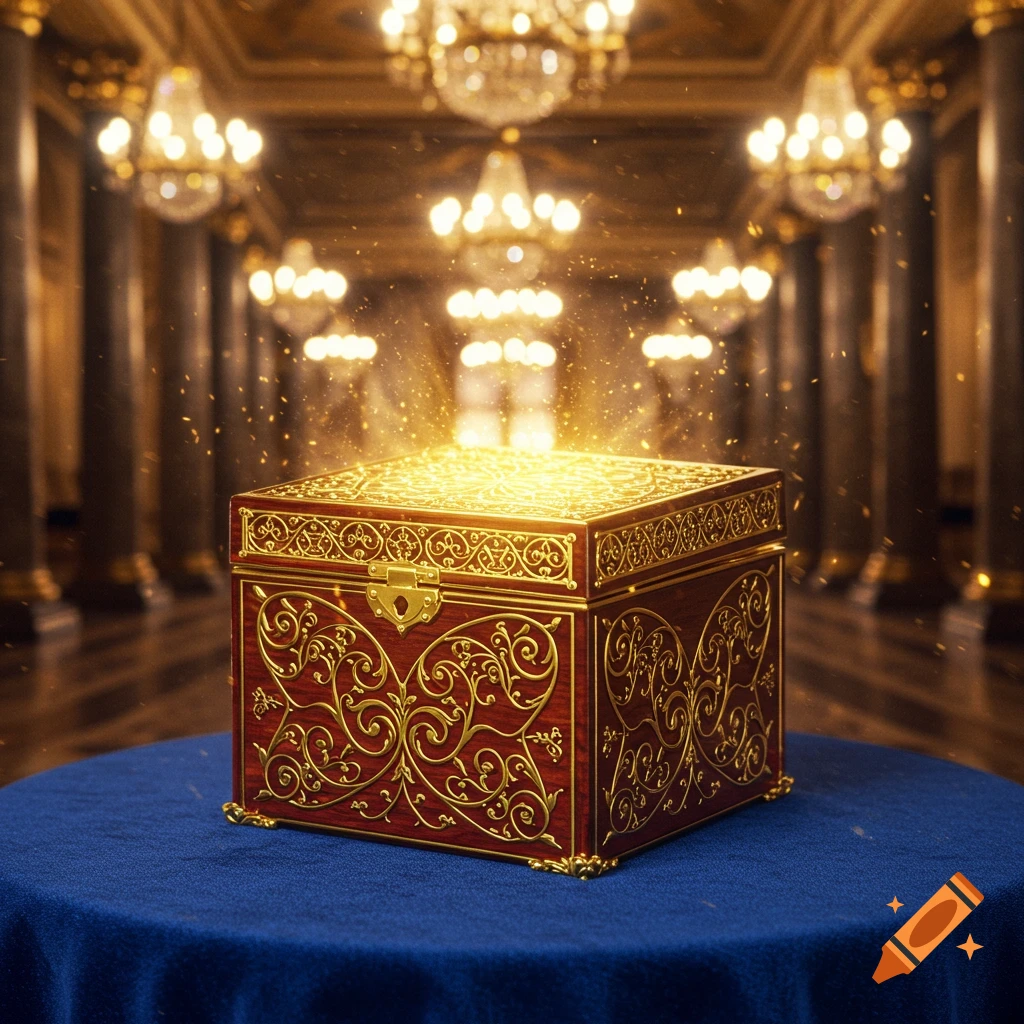 An ornate, glowing wooden box with gold filigree sits on a blue table in a grand hall with chandeliers.
