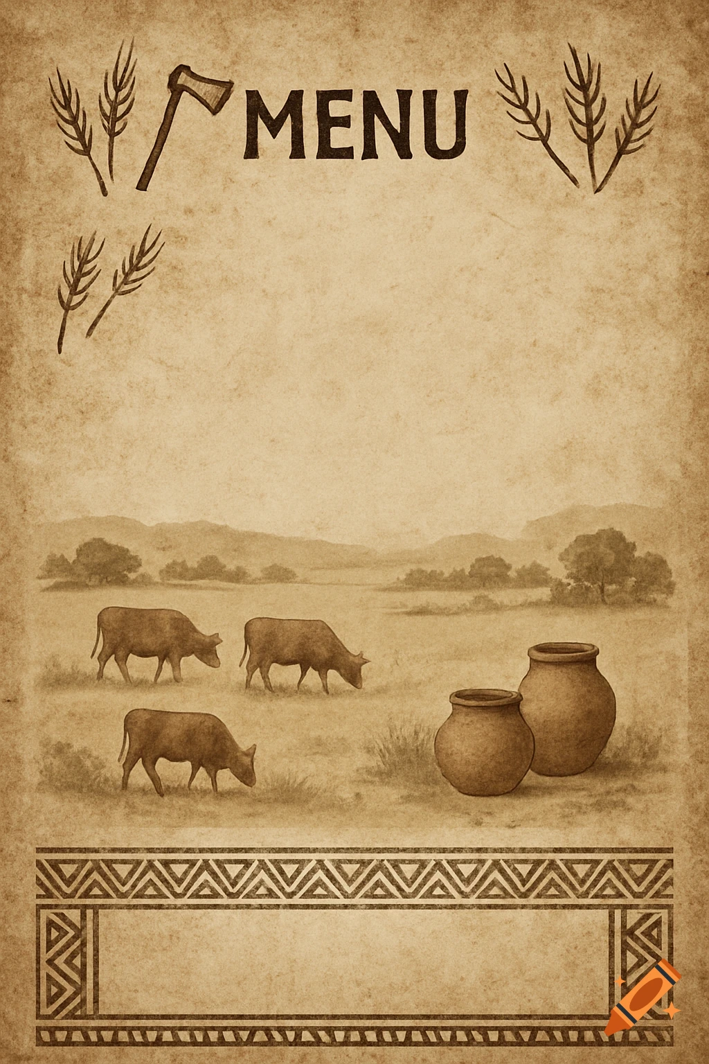 Rustic menu template with 'MENU' title, an axe, wheat, grazing cows, clay pots, and a decorative border on aged paper.