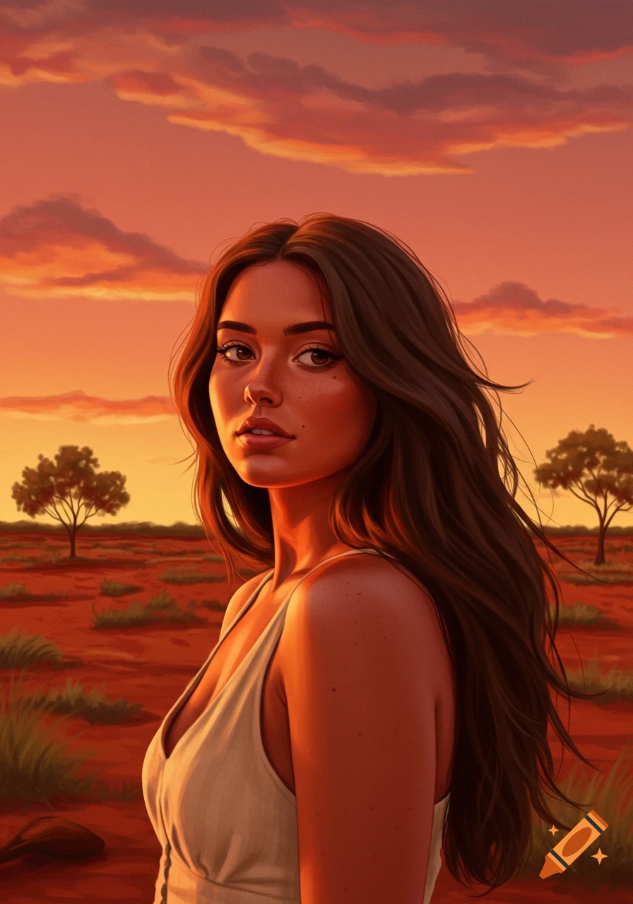 Digital painting of a woman with long dark hair in a desert landscape at sunset, vibrant orange sky and sparse trees.