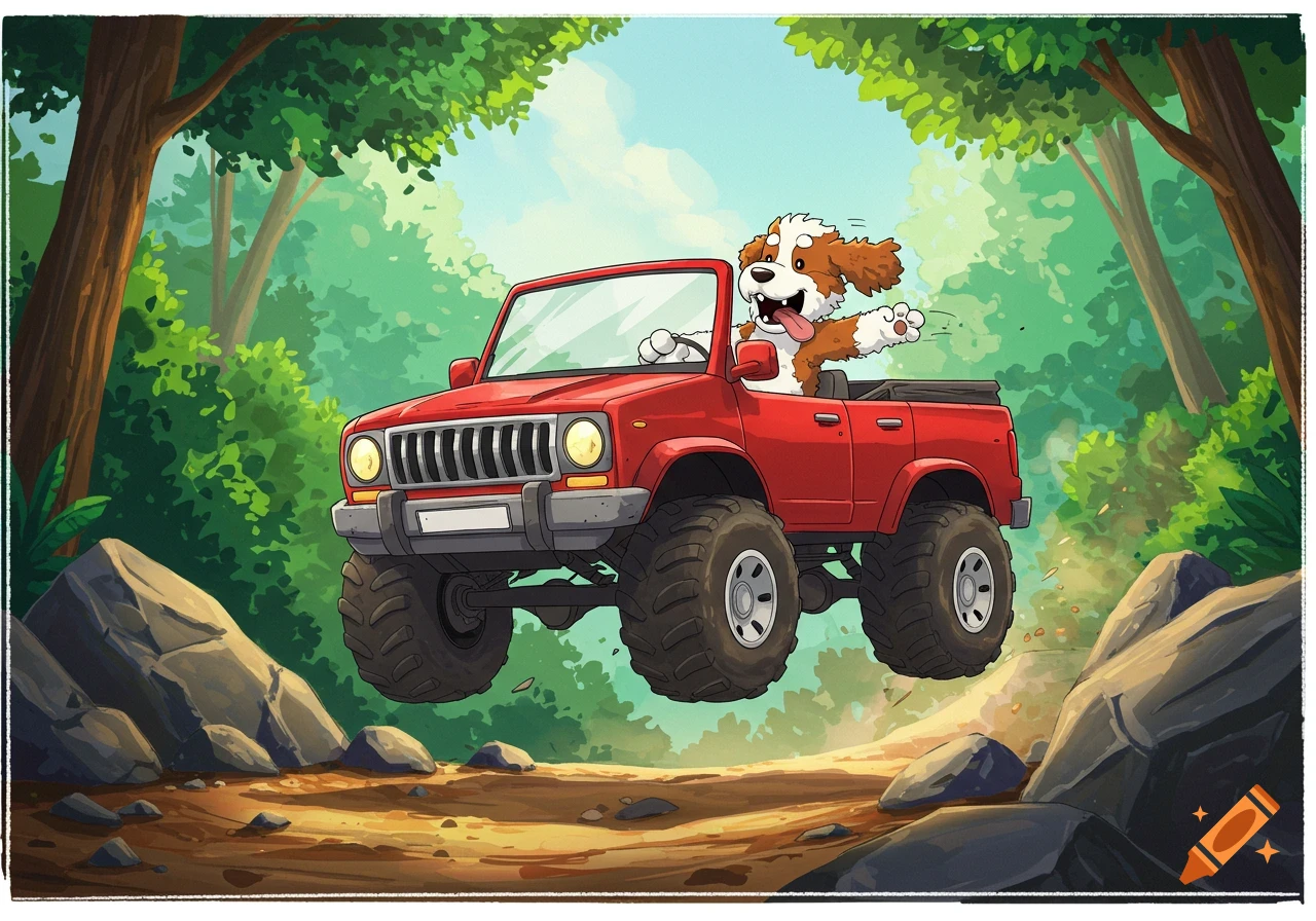 Cartoon bernedoodle dog driving a red convertible truck, jumping over rocks in a green forest.
