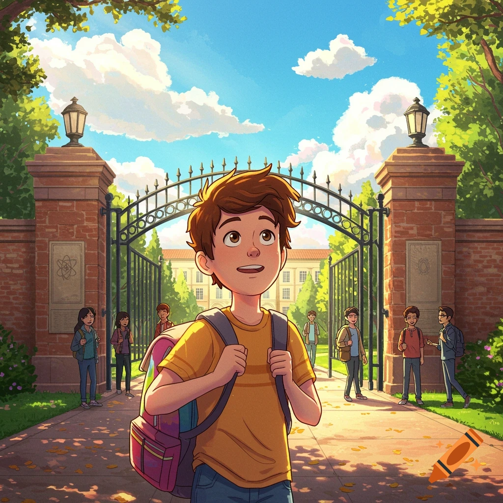 Animated young boy with a backpack stands at a school gate, looking up excitedly on a sunny day, with other students in the background.