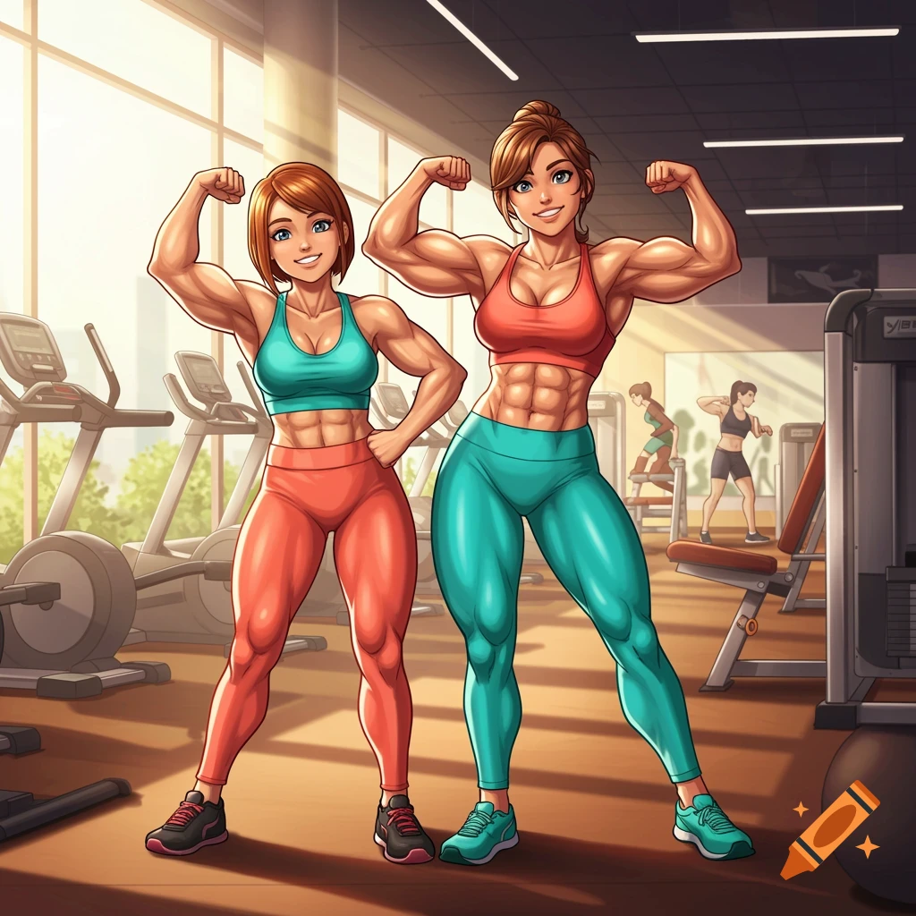 Two smiling, muscular anime women flex their biceps in a gym, wearing sports attire.