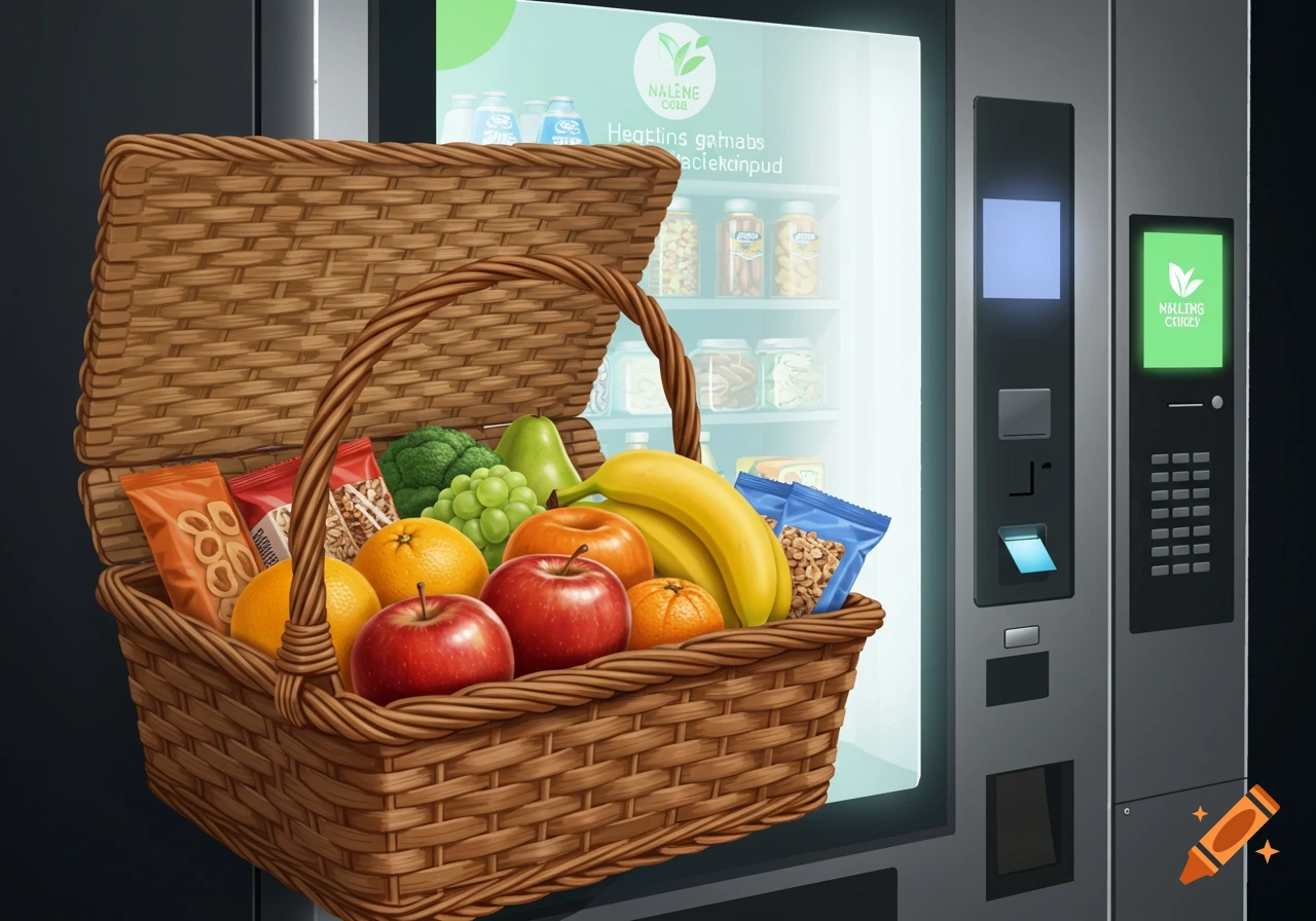 An illustration of a picnic basket overflowing with fruits and healthy snacks, placed in front of a modern vending machine.