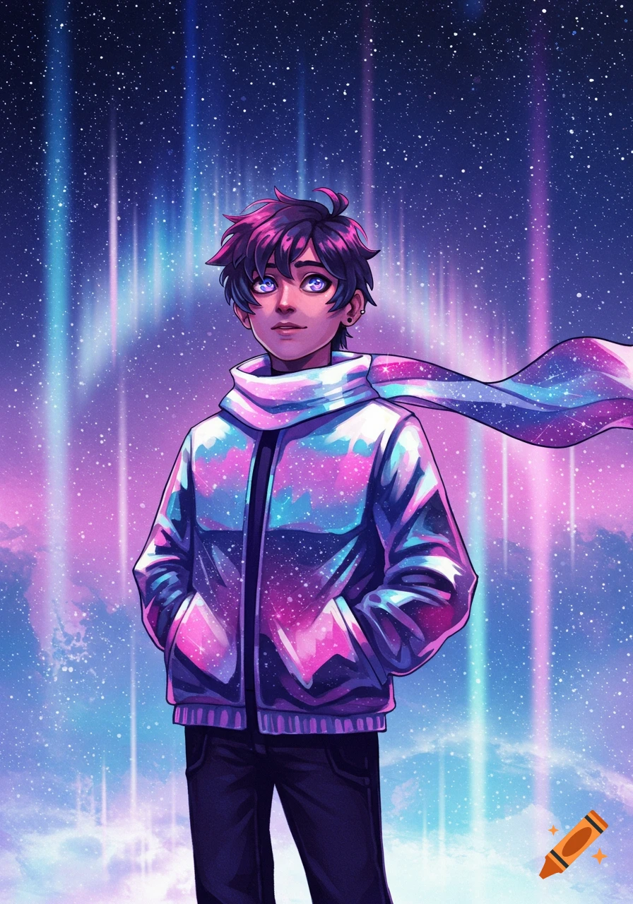 A vibrant illustration of a young person in a galaxy-print jacket and scarf, set against a starry sky with aurora lights.
