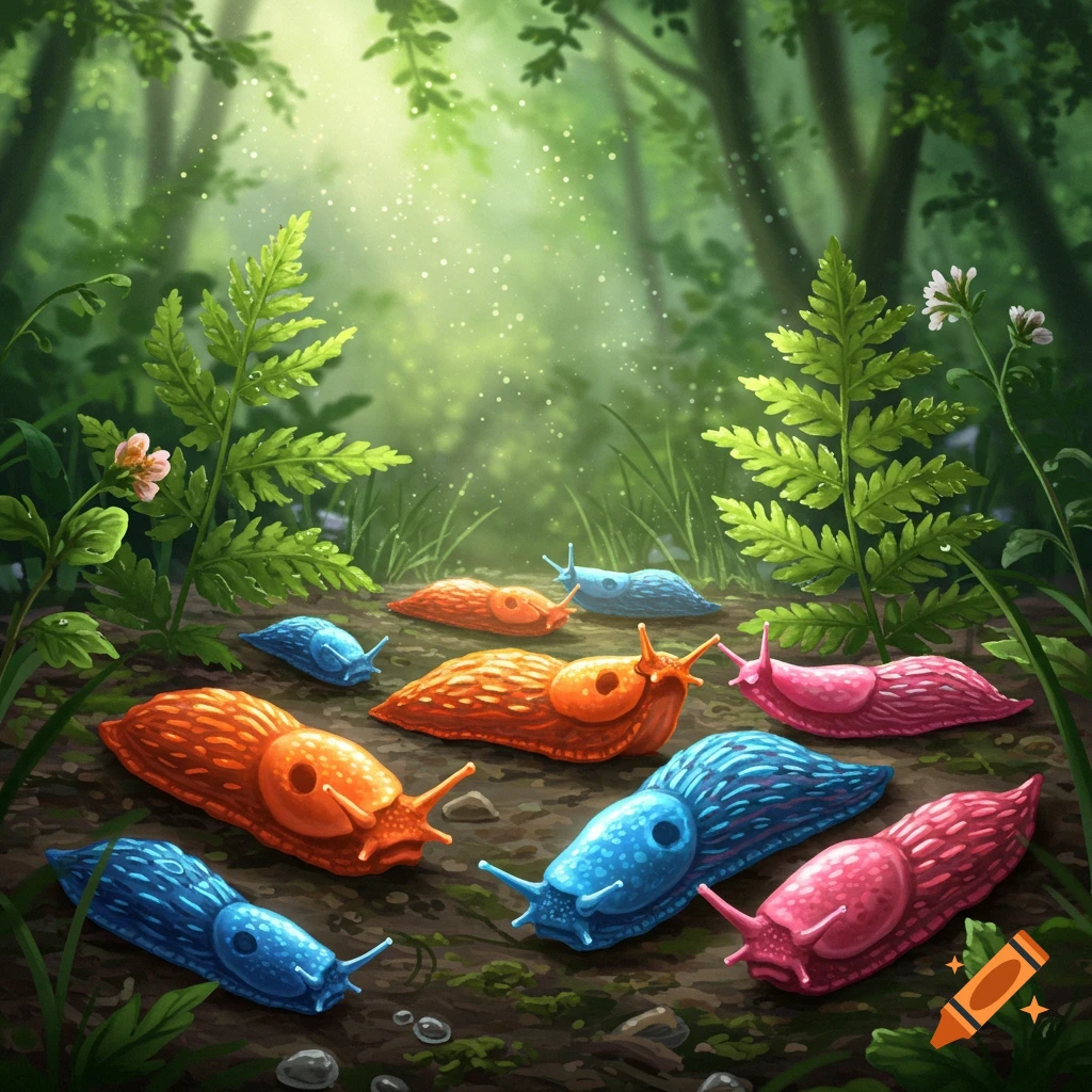 Colorful orange, blue, and pink slugs crawl on a forest floor amidst ferns and dappled sunlight, in an illustrated style.